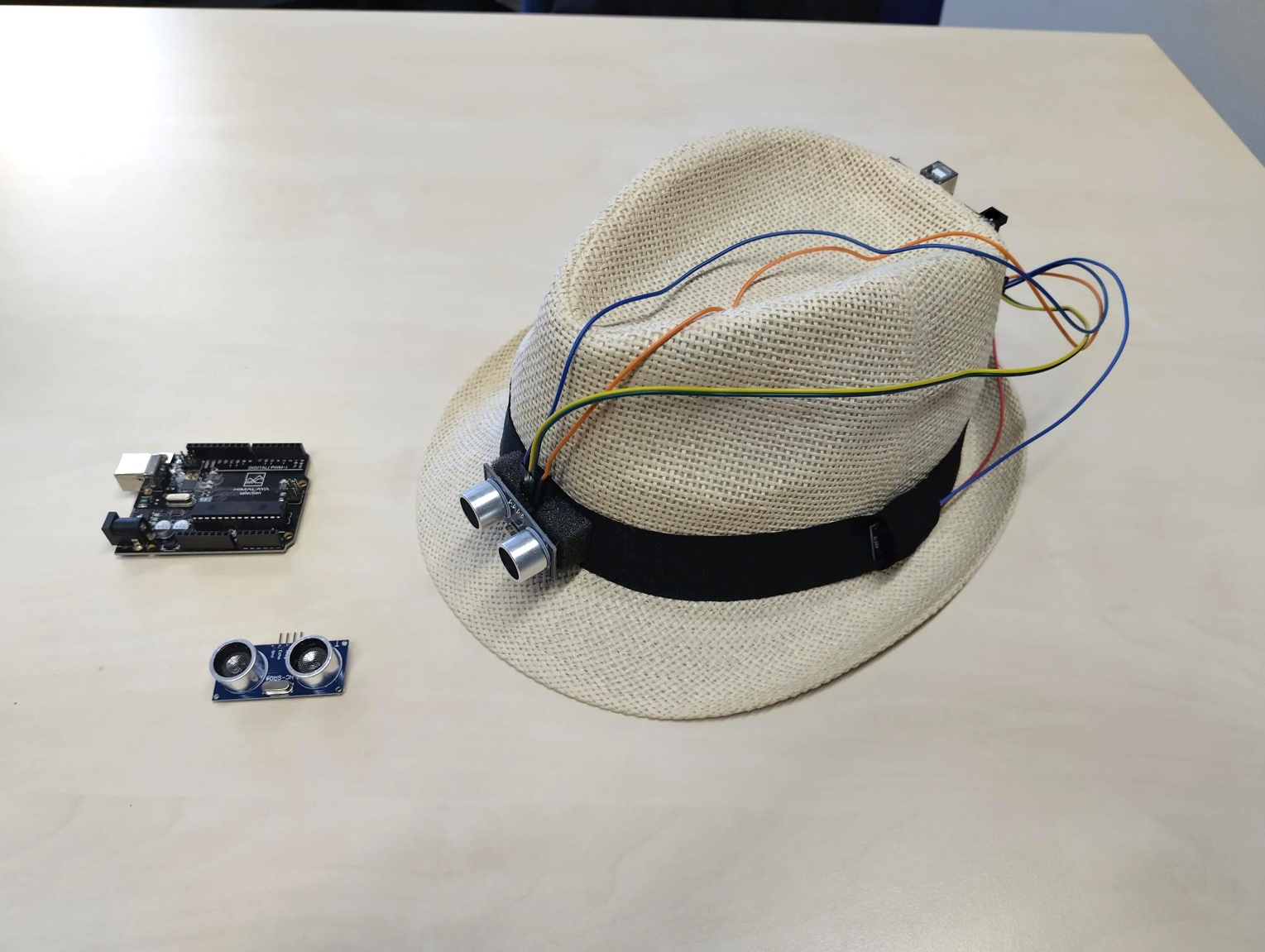 Ergebnis eines Profilseminarprojekts: Der Hut wurde mit einem Abstandssensor versehen und über einen Mikrocontroller (beide auch einzeln vor dem Hut zu sehen) programmiert. Nähert sich der Hutträger einem Hindernis, wird unter einem Abstand von drei Metern ein akustisches Signal ausgelöst und der Träger vor einer Kollision gewarnt. Das Konzept soll Blinde im Alltag sowie Feuerwehrleute im Einsatz unter- stützen.