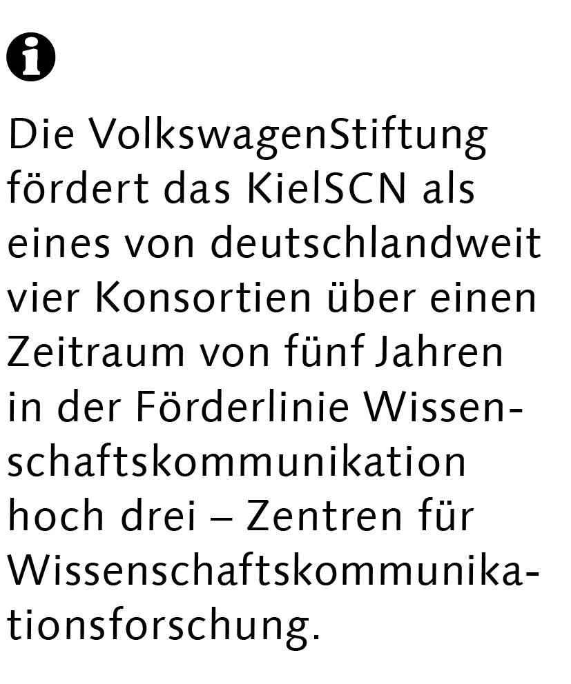 Die VolkswagenStiftung fördert das KielSCN als eines von deutschlandweit vier Konsortien über einen Zeitraum von fünf Jahren in der Förderlinie Wissenschaftskommunikation hoch drei – Zentren für Wissenschaftskommunikationsforschung.