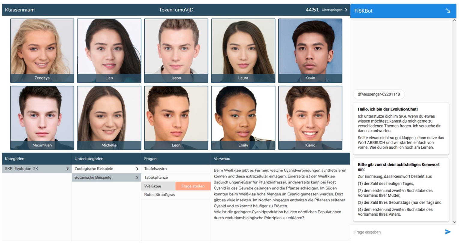 Darstellung des SKRBio (hier zum Thema Evolution) während der digitalen Unterrichtssequenz mit integriertem Chatbot.