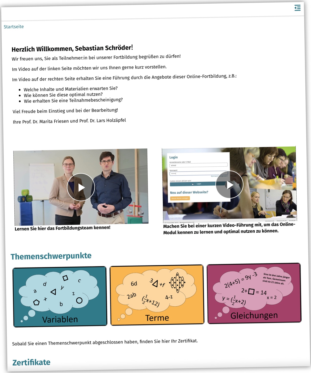 Das „Digitale Selbstlernmodul Algebra“: Startseite mit einer Einführung und der Vorschau auf die drei inhaltlichen Rubriken.