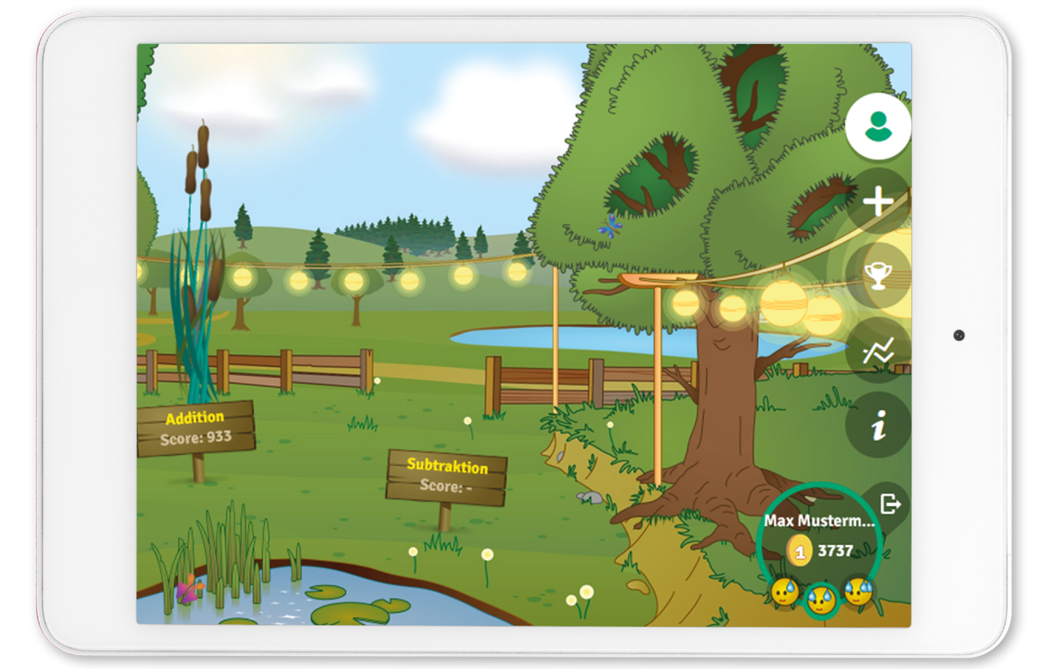 Nutzeroberfläche des Lernprogramms Prowise Learn©. Die im Programm enthaltenen Aufgaben fördern hauptsächlich schnelles Kopfrechnen. Der adaptiv arbeitende Algorithmus des Programms stellt den Lernenden die Aufgaben dabei so zur Verfügung, dass die Lösungswahrscheinlichkeit bei 75% liegt. 